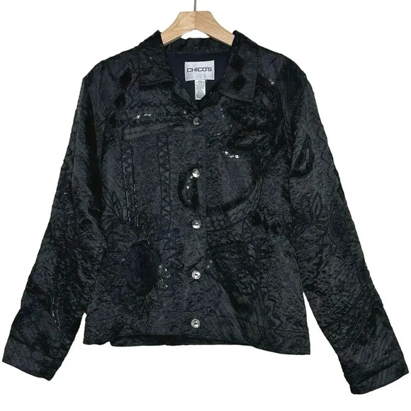 Chico's Black Embellished‎ Jacket Silk Beads Velvet Button Down Abstract Sz 2/M - Picture 1 of 7